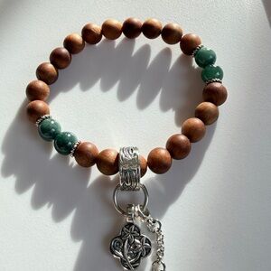 Wood and Green Beaded Bracelet with Silver Charm